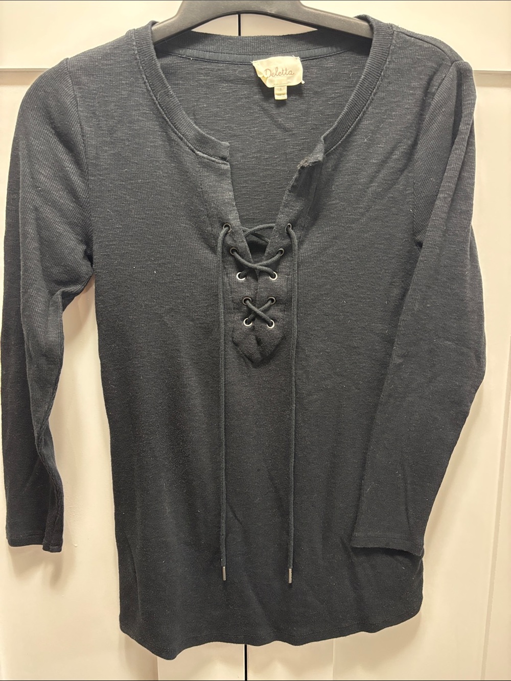 Deletta Black Lace-Up Long Sleeve Knit Top